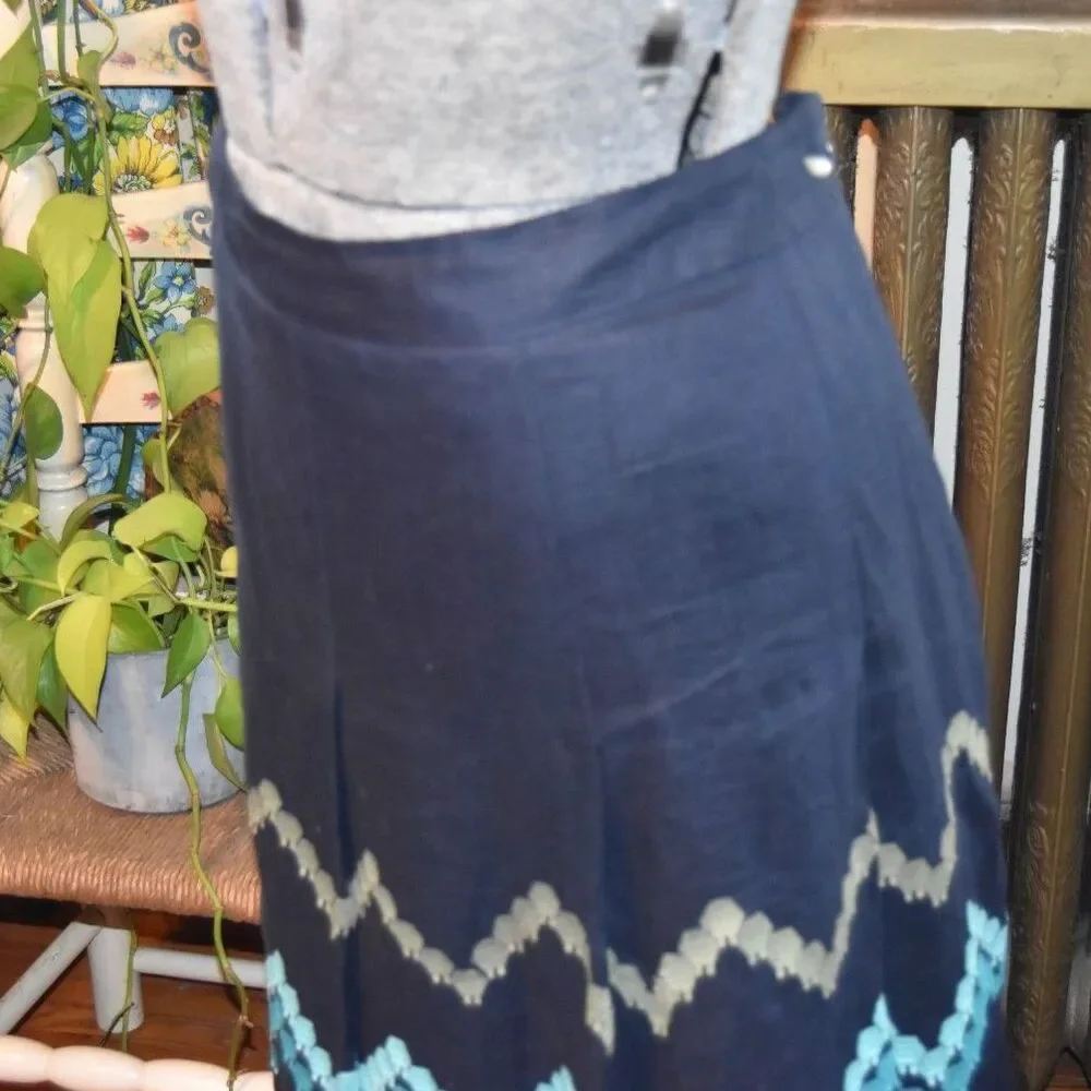 Y2K Dressbarn Boho Linen Midi Skirt Lined Zig-Zag Stripes A-Line Blue Size 16